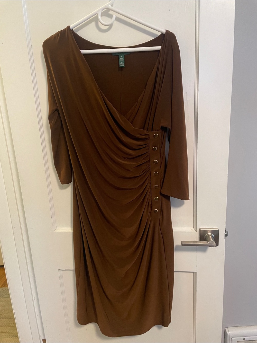 Lauren Ralph Lauren Brown Matte Jersey Ruched Faux-Wrap Dress